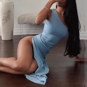 lovely Sexy One Shoulder Side High Slit Baby Blue 