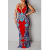 Lovely Sexy Spaghetti Strap Print Backless Red Plu