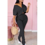 Lovely Casual Zipper Design Black Plus Size Two-pi