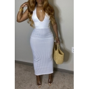 LW Trendy Deep V Neck White Ankle Length Dress