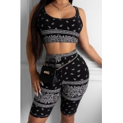 Lovely Trendy Print Black Two-piece Shorts Set