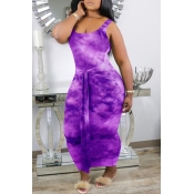 Lovely Casual Tie-dye Purple Mid Calf Dress