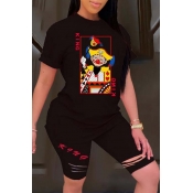 Lovely Leisure O Neck Print Black Two-piece Shorts