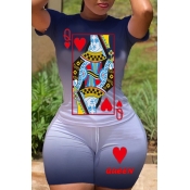 lovely Leisure O Neck Print Black Two-piece Shorts