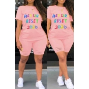 lovely Casual Letter Print Pink Plus Size Two-piec