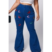 Lovely Stylish Butterfly Blue Plus Size Jeans
