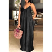 LW Stylish V Neck Black Maxi Denim Dress