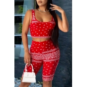 Lovely Trendy Print Red Shorts Set