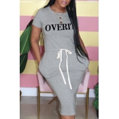 lovely Casual Letter Print Grey Knee Length Plus S