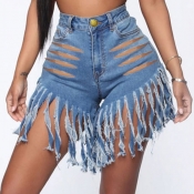 Lovely Stylish Tassel Design Blue Denim Shorts