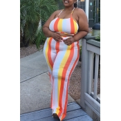 Lovely Casual Striped Orange Plus Size Two-piece P