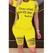 lovely Leisure O Neck Letter Yellow Plus Size Two-