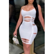 Lovely Sexy Hollow-out White Knee Length Dress