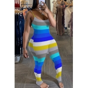 Lovely Trendy Rainbow Striped Blue Plus Size One-p