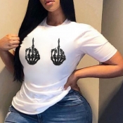 Lovely Leisure O Neck Print White Plus Size T-shir