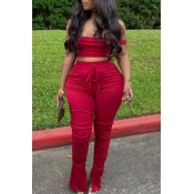 Lovely Casual Dew Shoulder Red Plus Size Two-piece