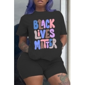 Lovely Leisure Letter Print Black Plus Size Two-pi