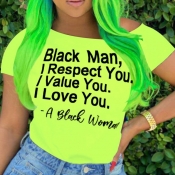 Lovely Leisure O Neck Letter Print Green T-shirt