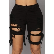 Lovely Casual Hollow-out Black Denim Shorts