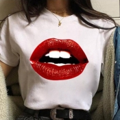 lovely Casual O Neck Lip Print White T-shirt