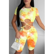 lovely Trendy Tie-dye Lace-up Yellow One-piece Rom