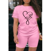 Lovely Leisure Letter Print Pink Two-piece Shorts 