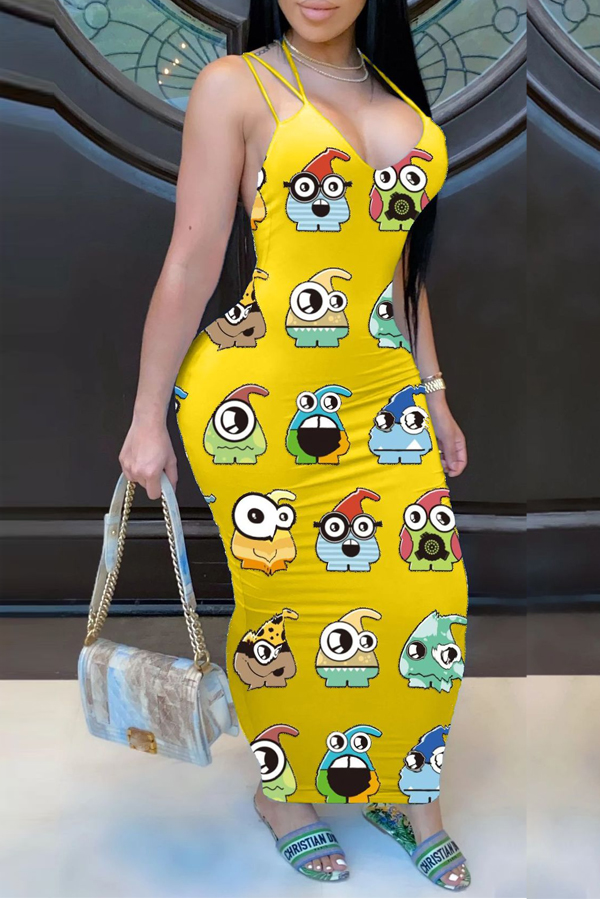 

lovely Trendy V Neck Cartoon Print Yellow Ankle Length Dress