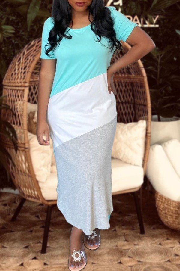 

lovely Casual Color-lump Patchwork Cyan Ankle Length Dress