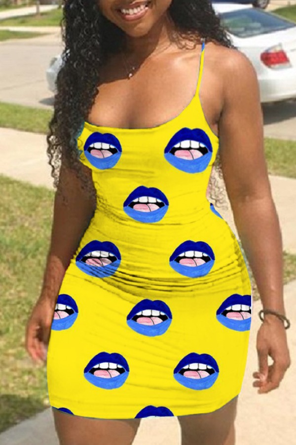 

lovely Sexy Lip Print Yellow Mini Dress
