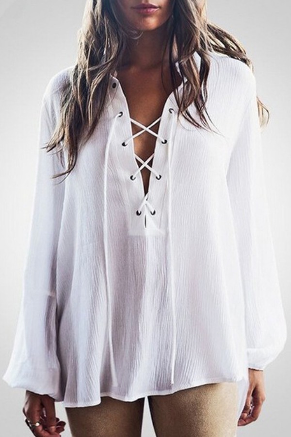 

lovely Trendy Bandage Design White Blouse