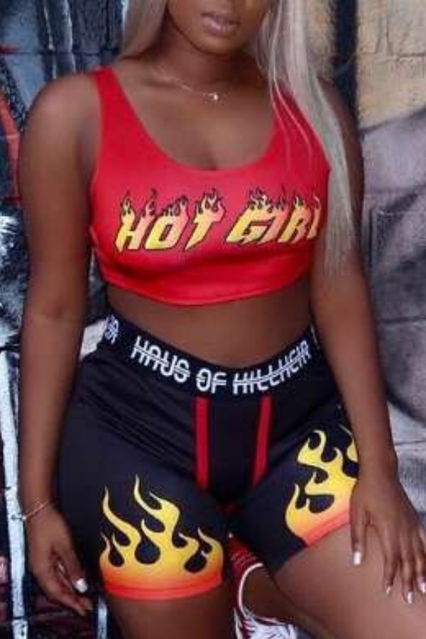 

lovely Sportswear U Neck Letter Print Red Two Piece Shorts Set
