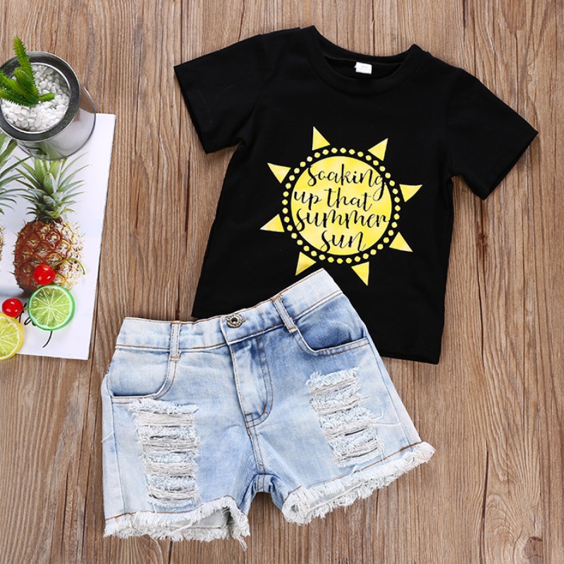 

lovely Casual O Neck Print Black Girl Two-piece Shorts Set