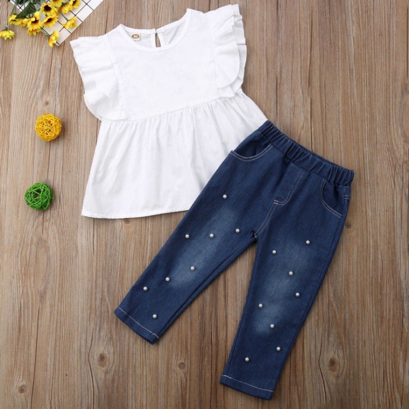 

lovely Sweet Flounce Design White Girl Two-piece Pants Set