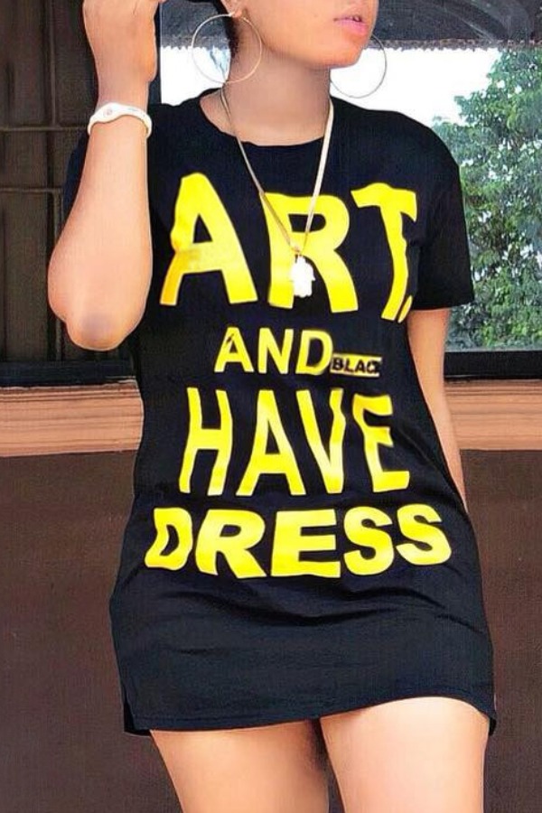 

lovely Casual O Neck Letter Print Black Mini Dress