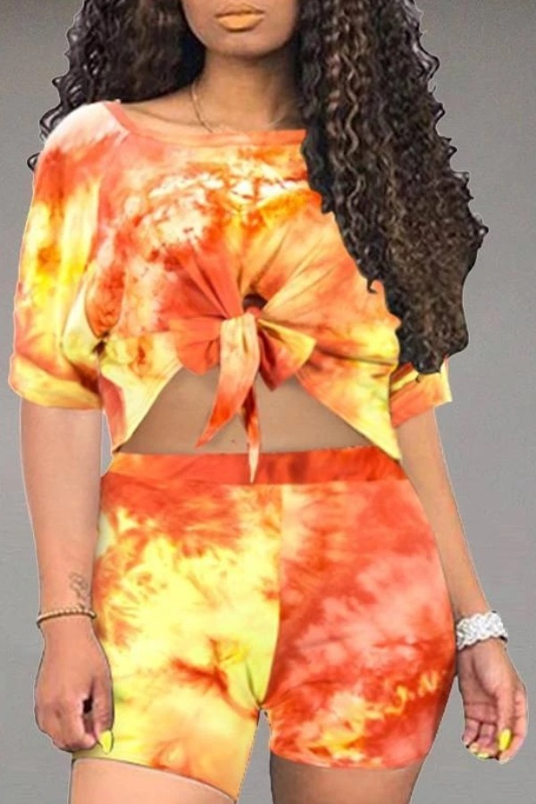 

lovely Casual O Neck Tie-dye Red Plus Size Two-piece Shorts Set