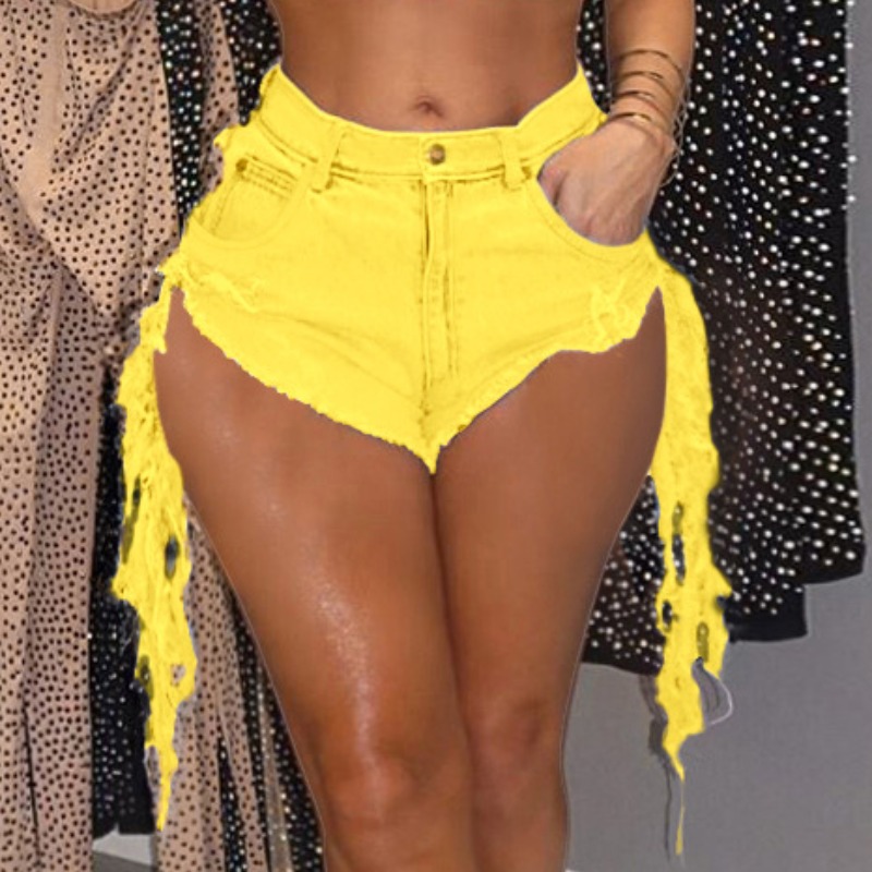 

lovely Trendy Asymmetrical Tassel Design Yellow Denim Shorts