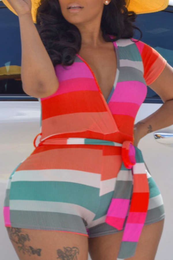

LW Plus Size Trendy Striped Rose Red One-piece Romper