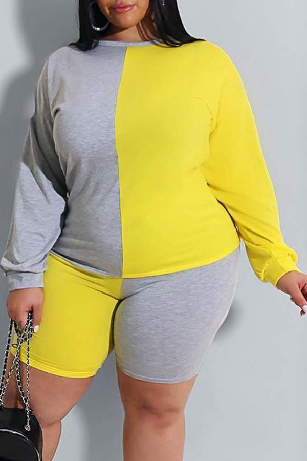 

lovely Casual O Neck Patchwork Yellow Plus Size Two-piece Shorts Set