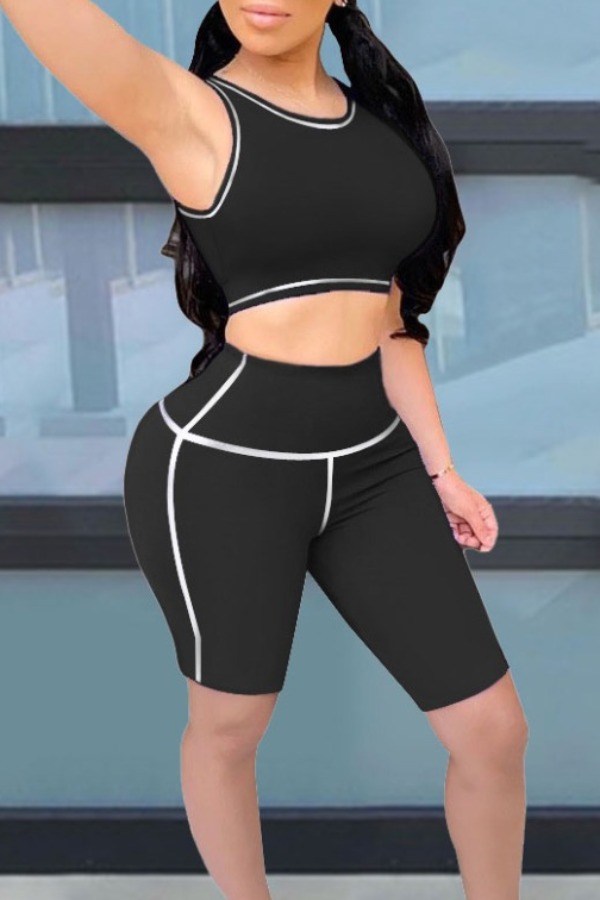 

lovely Sportswear Patchwork Black Two Piece Shorts Set