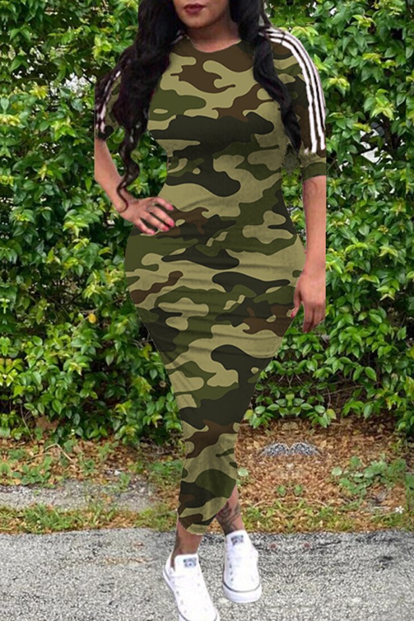 

lovely Casual O Neck Camo Print Army Green Mid Calf Dress