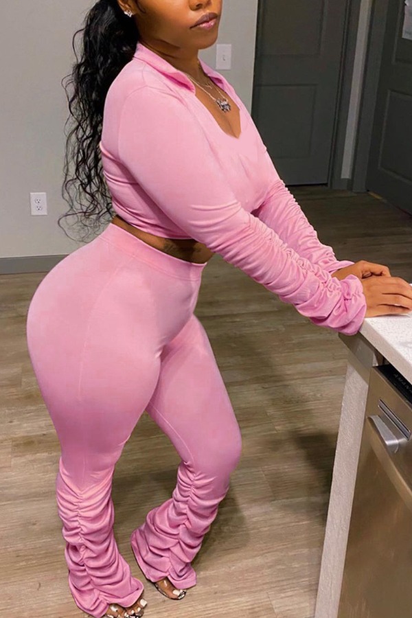 

lovely Trendy Fold Design Pink Two Piece Pants Set
