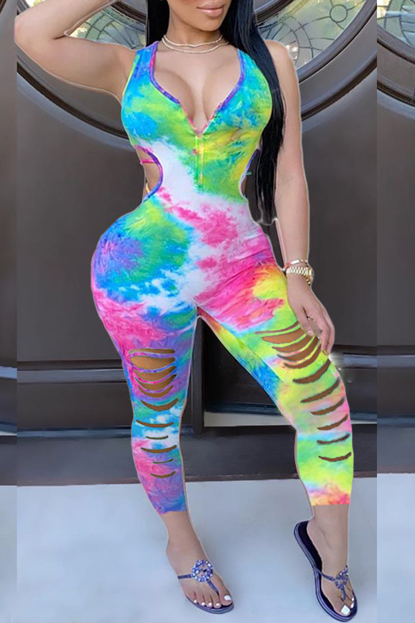

lovely Trendy Tie-dye Hollow-out Green One-piece Jumpsuit
