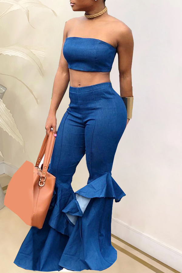 

lovely Stylish Flounce Design Flared Blue Denim Two-piece Pants Set