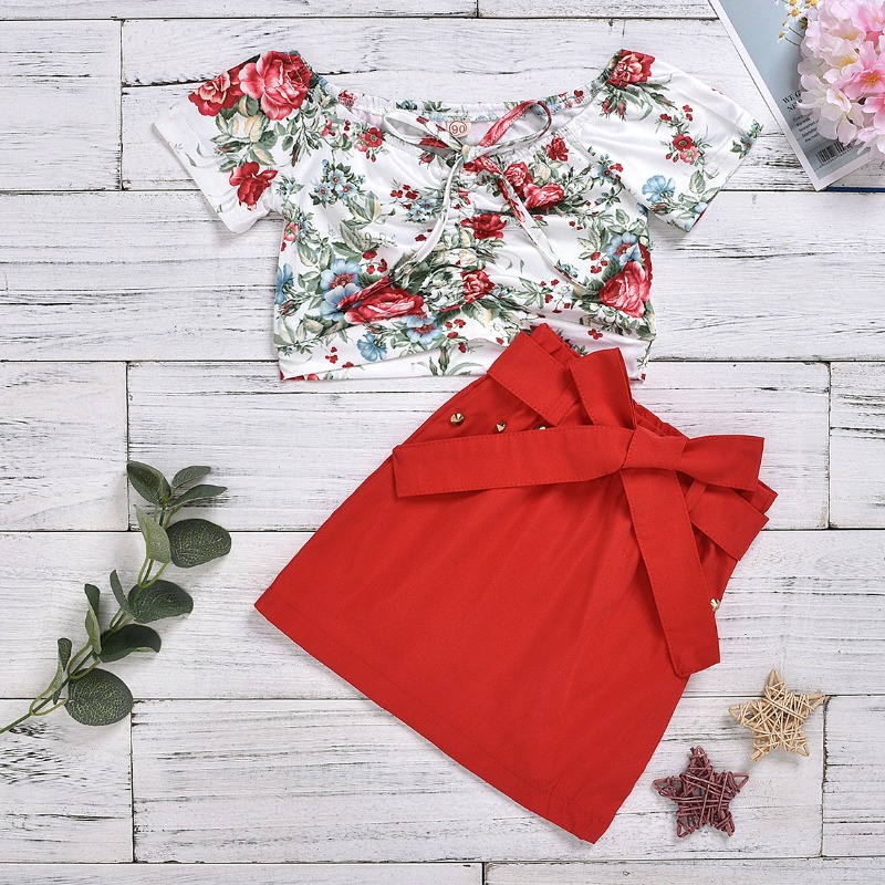 

lovely Sweet Plants Print Red Girl Two-piece Skirt Set