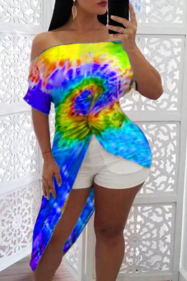 

lovely Bohemian Dew Shoulder Tie-dye Yellow Plus Size T-shirt
