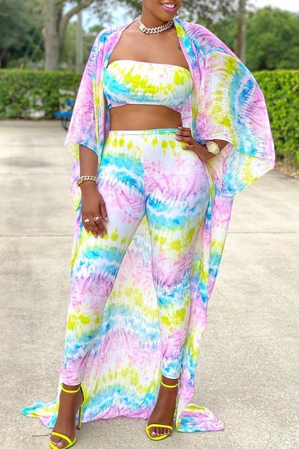 

lovely Bohemian Tie Dye Multicolor Three Piece Pants Set, Multi