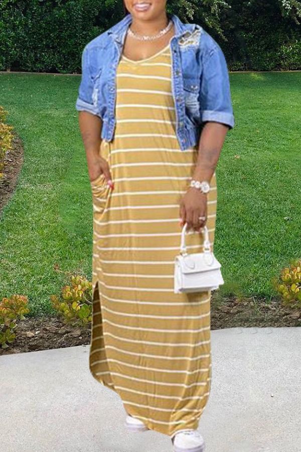 

lovely Casual V Neck Striped Yellow Maxi Plus Size Dress