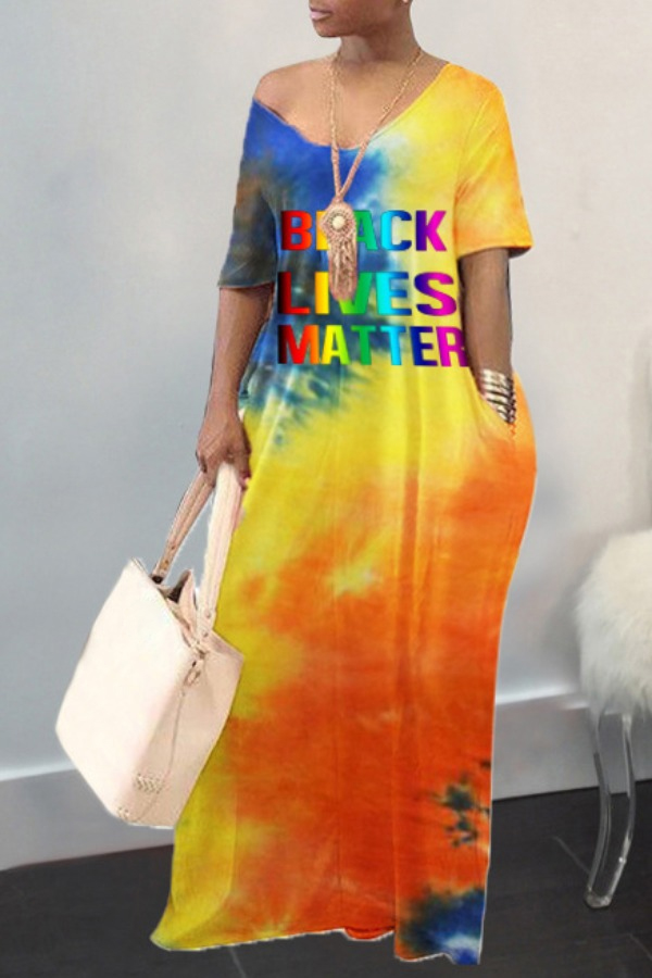 

lovely Casual V Neck Tie-dye Orange Maxi Plus Size Dress