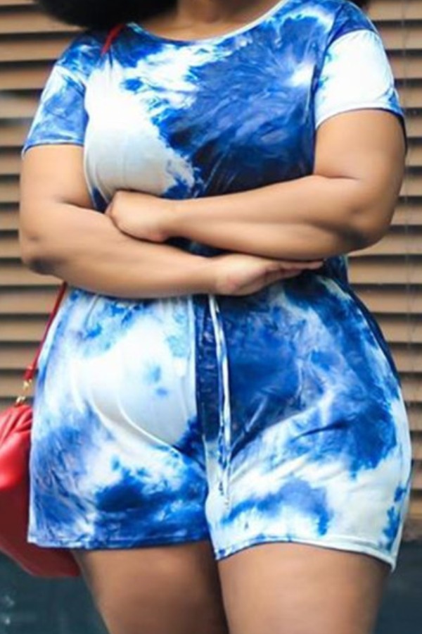 

lovely Leisure O Neck Tie-dye Blue Plus Size One-piece Romper