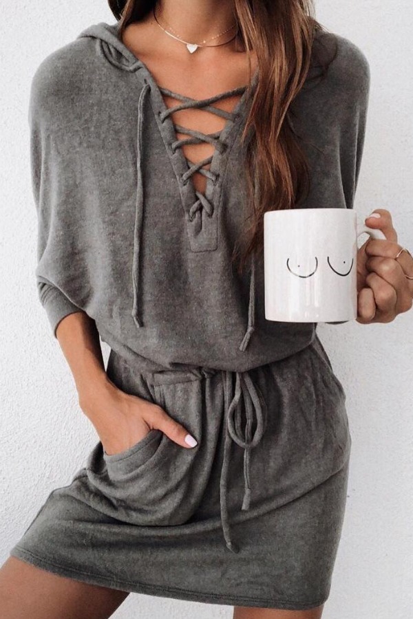 

lovely Leisure Lace-up Dark Grey Sleepwear